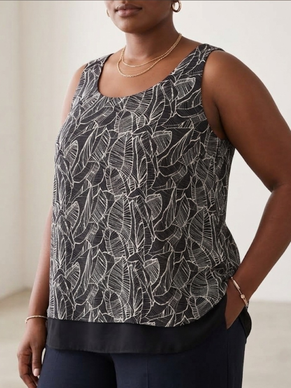 LOFT Black White Leaf Print Flowy Layered Tank Top XL EUC